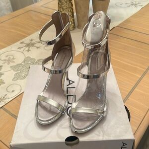 Aldo, silver patent leather, high heel sandal
